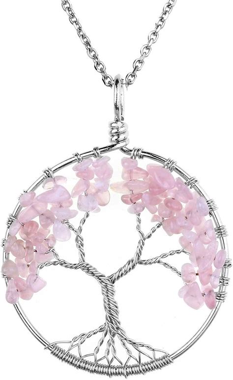 Jovivi Bijoux Pendentif Collier En Pierre Quartz Rose Retro DIY Arbre