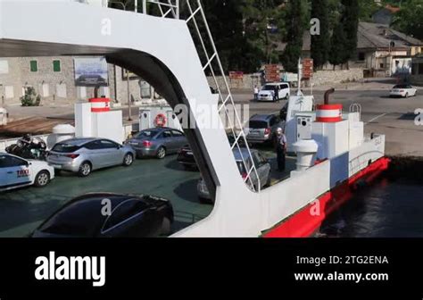 Cars Leaving The Sea Ferry In The Bay Of Kotor Water Transport Spring