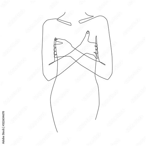 Naked Woman Covers Her Breasts With Her Hands One Line Drawing On White