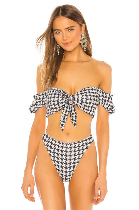 SAME Ruffle Sleeve Bikini Top In Black Houndstooth REVOLVE