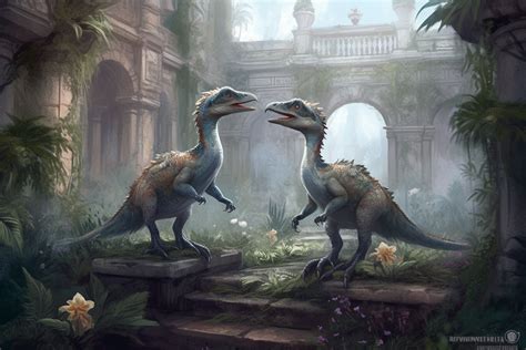 Realistic Clipart Velociraptors In Foggy Enchanted Castle Garden