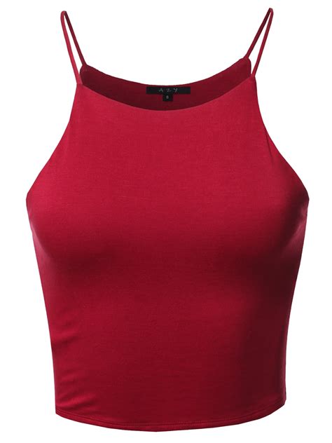 A2Y Women S Basic Solid Spaghetti Strap High Neck Rayon Spandex Crop