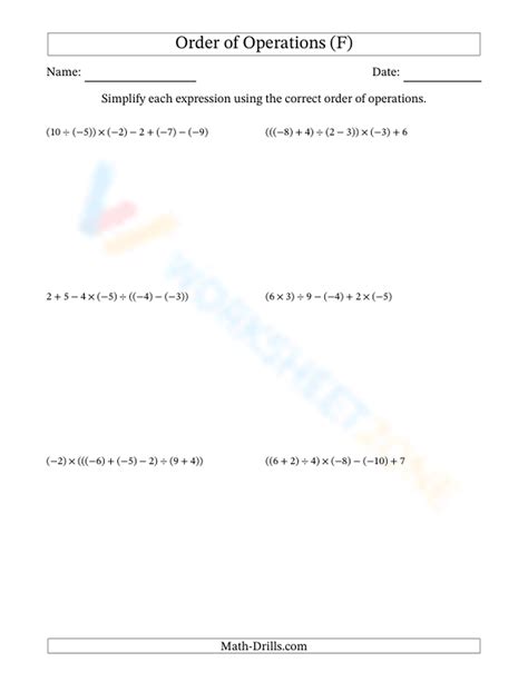 5 Step Order Of Operation With Integers 16 Worksheet