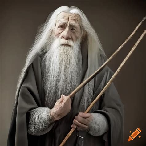 Old Man With A Long White Beard And White Long Hair With A Gray Cloak