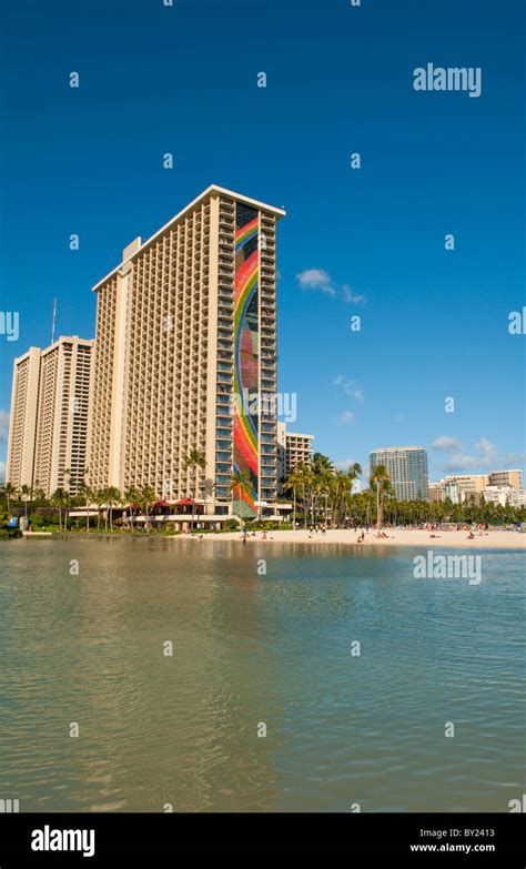 Honolulu Hawaii Lake And Skyline Of Famous Rainbow Tower Of Hilton