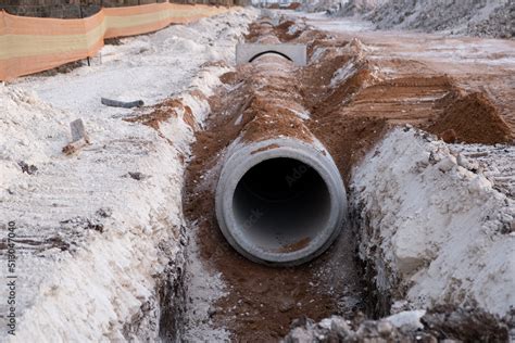 Laying Sewer Concrete Drainage Pipe Between Large Residential Areas New Sanitary Sewer Storm