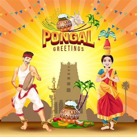 Premium Vector | Pongal greetings with tamil folk dance performance ...