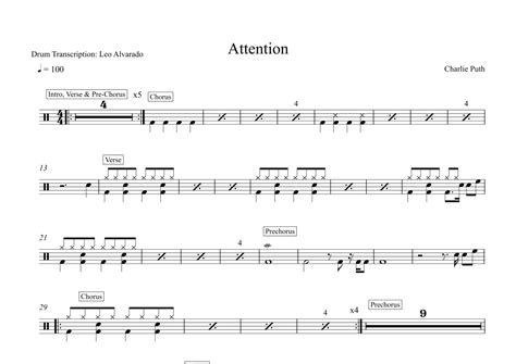 Attention Arr Drum Transcription Leo Alvarado Sheet Music Charlie