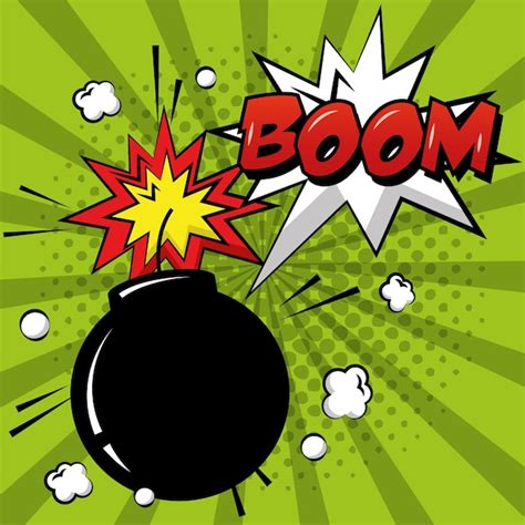 Pop Art Bande Dessinée Bombe Boom Explosion Vert Sunburst Vecteur Premium