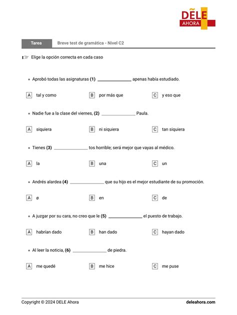 Breve Test De Gram Tica Nivel C Gram Tica Dele Ahora