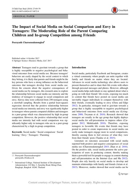 The Impact Of Social Media On Social Comparison And Envy In Teenagers