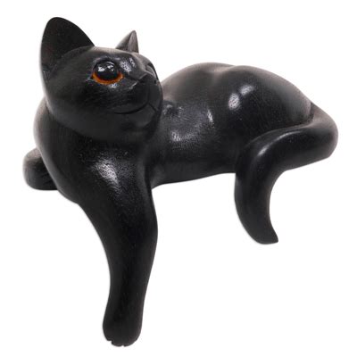 Hand Carved Wooden Cat Sculpture With Black Finish Watchful Black Cat