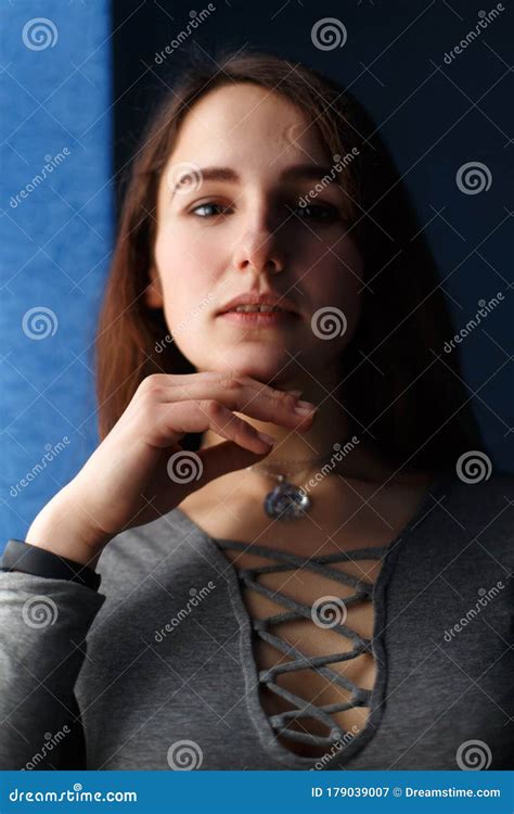 Portrait Of The Pretty Brunette Girl With Hands Near The Face Stock Image Image Of Beautiful
