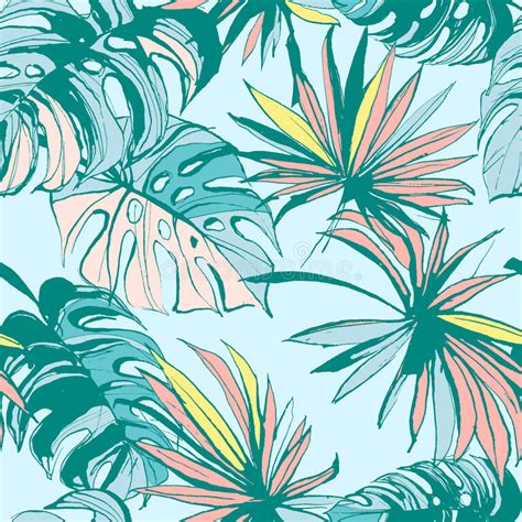 Seamless Pattern Ink Hand Drawn Tropical Palm Leaves Vector