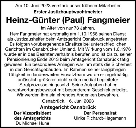 Traueranzeigen von Heinz Günter Fangmeier noz Trauerportal