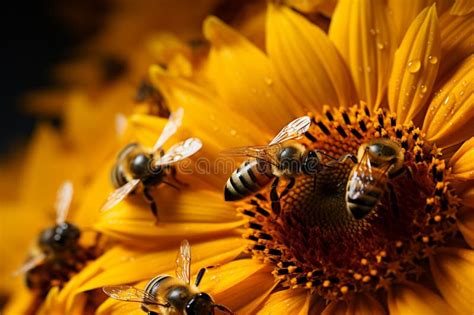 Bees Gather Sunflower Nectar Dusted In Yellow Pollen A Pollination