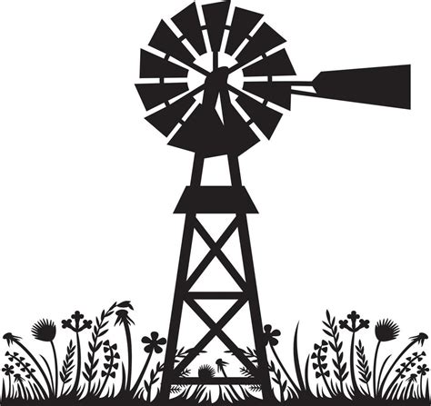 Water pumping windmill and plants landscape vector illustration ...