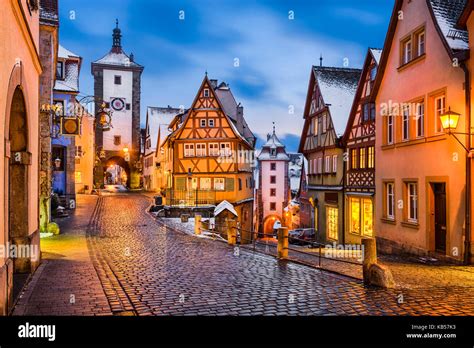 Medieval town of Rothenburg ob der Tauber at night, Germany Stock Photo ...