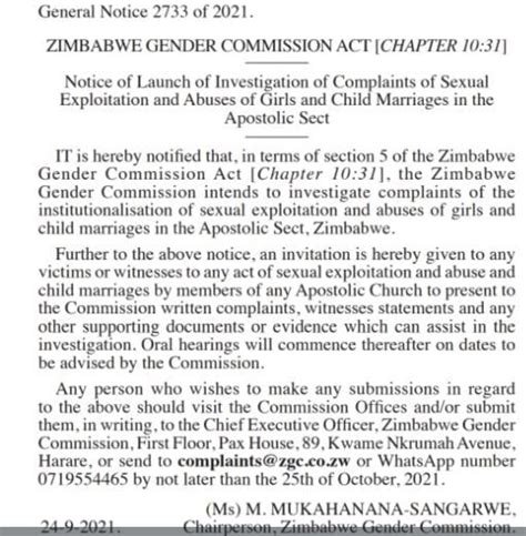 Zimbabwe Gender Commission On Twitter Launch Of Investigation Of