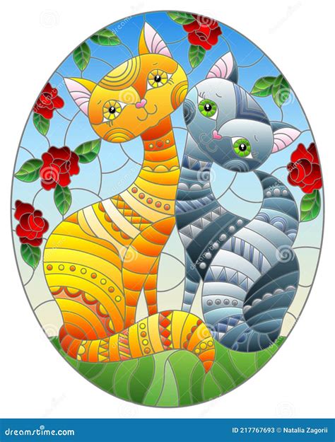 Stained Glass Illustration With A Pair Of Bright Cartoon Cats Against A Blue Sky And Rose