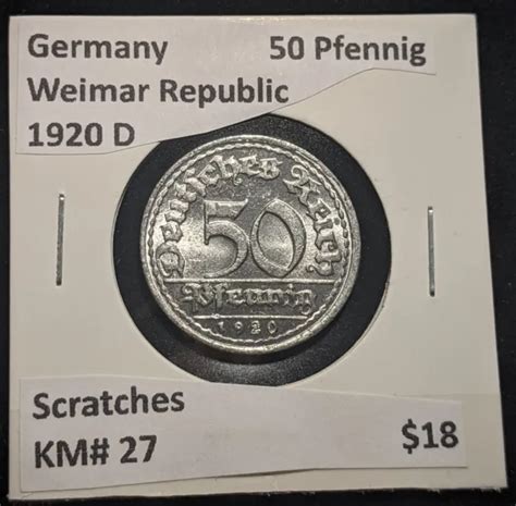 GERMANY WEIMAR REPUBLIC 1920 D 50 Pfennig KM 27 Scratches 637 18C