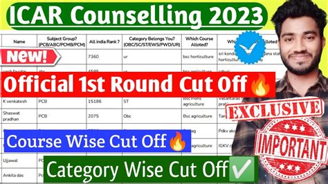 Icar Counselling St Round Cut Off Official Cut Off Category Wise