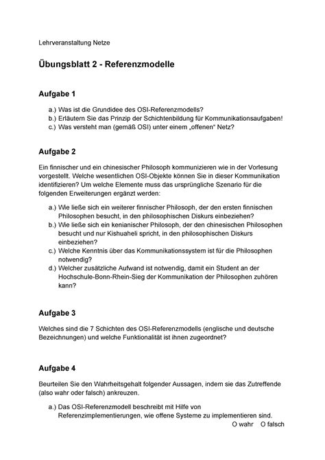 Uebungsblatt 2 Netze OSI Lehrveranstaltung Netze Übungsblatt 2