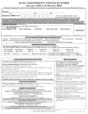 Fillable Online Elac Elac Assessment Check In Form Fax Email Print