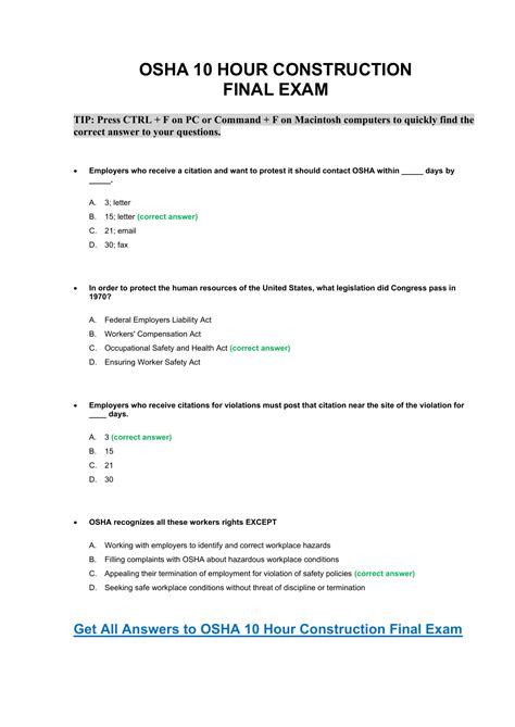 Osha 10 General Industry Final Exam Answers Osha Constructio