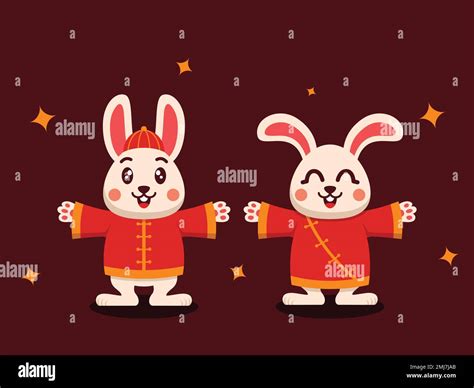 Flat Element Of Two Cute Chinese Rabbits Celebrating Lunar New Year