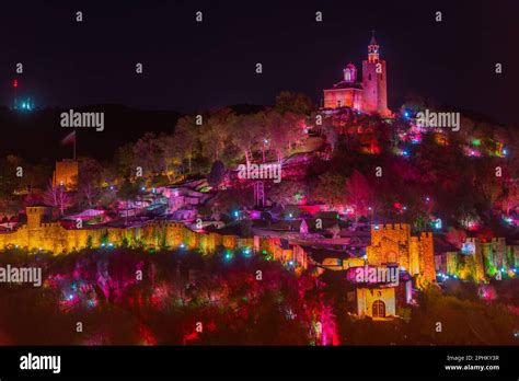 Night view of illuminated Tsarevets fortress in Veliko Tarnovo ...