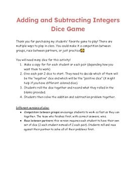 Adding and Subtracting Integers Dice Game by Middle School Fuel | TPT