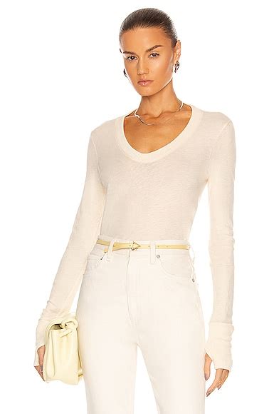 Enza Costa For Fwrd Silk Rib Fitted Long Sleeve U Top In Natural Fwrd