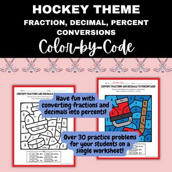 Sports Theme Hockey Color By Code Math Fraction Decimal Percent