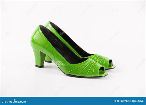 Female Green Leather Shoes On White Background Isolated Product Stock