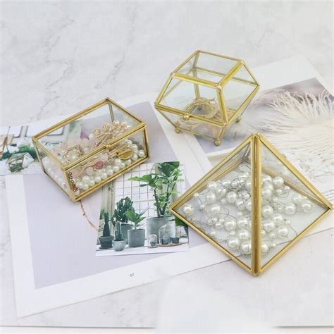 Golden Metal Vintage Glass Jewelry Box Rectangle Geometric Jewelry