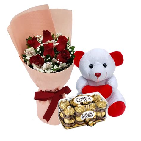 8 Red Rose Bouquet with Teddy Bear (6 Inch) and Ferrro Rocher,Flowers With Soft Toys,Flowers ...