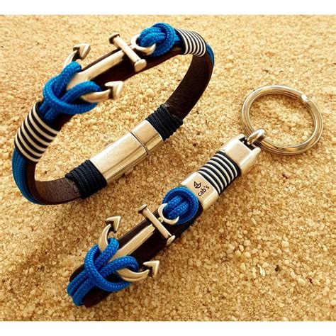 Conjunto Yacht Sail Pulsera Y Llavero Con Cuero Cabo N Utico Turquesa