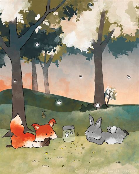 Fox and Rabbit Nursery Art Print Watching Fireflies in a - Etsy