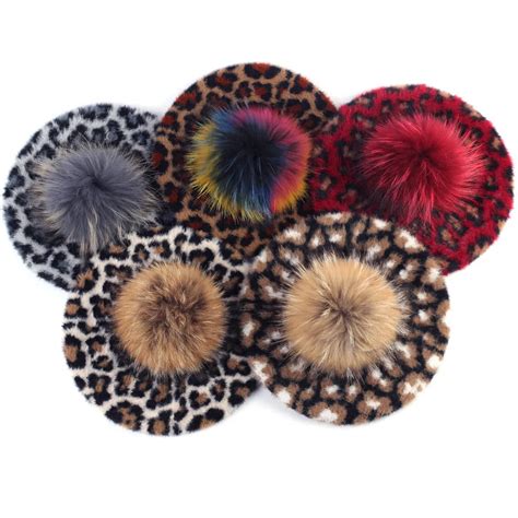 Женский Леопардовый Кашемировый берет с помпон из меха енота зимний ...