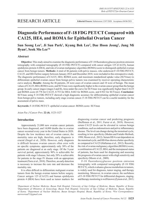 PDF Diagnostic Performance Of F 18 FDG PET CT Compared With CA125