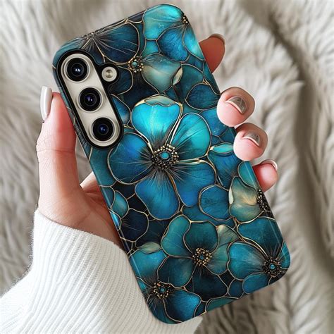 Teal Blue Stained Glass Samsung Phone Case Floral Flower Aesthetic