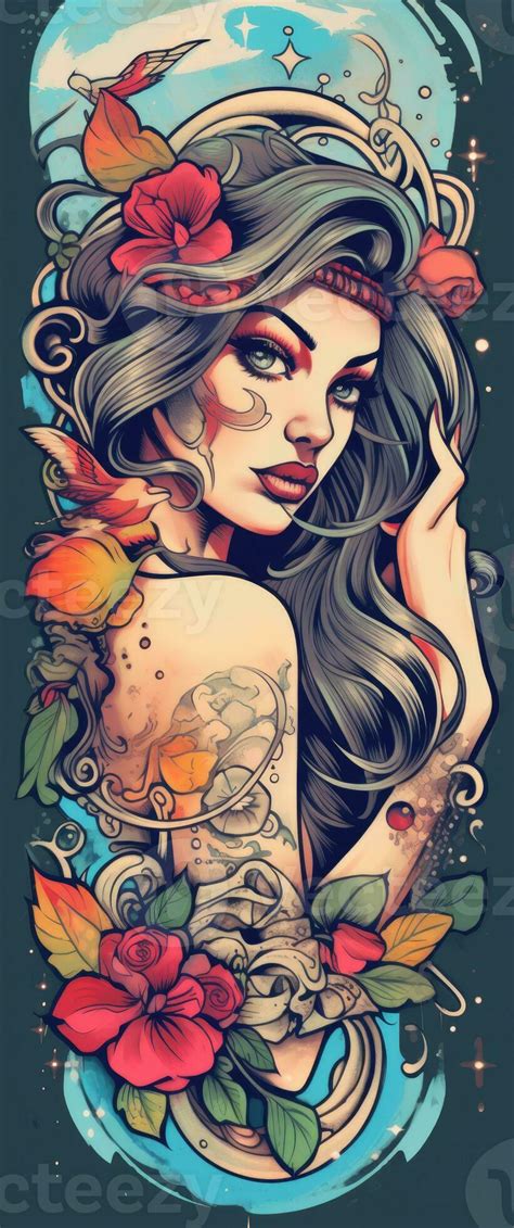 tattoo design woman girl flowers retro style illustration clipart ...