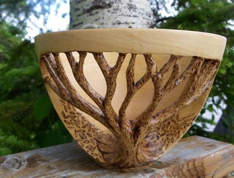 Woodturned Birch Carved And Pyro D Autumn Tree Bowl Art Folk