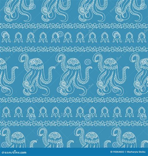 Blue Seamless Pattern Background Underwater Life In The Style Of Zen