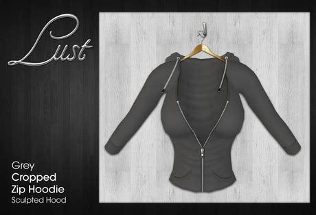 Second Life Marketplace - Lust - Cropped Zip Hoodie Half Open - Grey