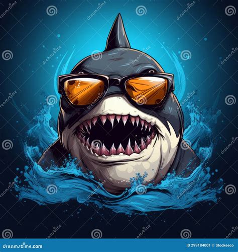 Edgy Caricature Shark With Sunglasses On Blue Background Stock