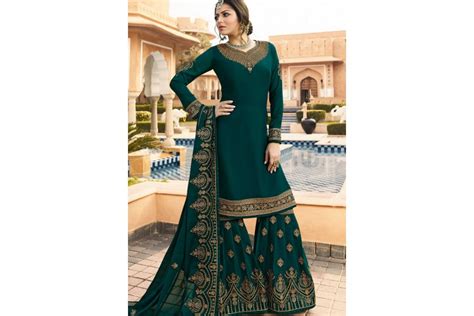 Drashti Dhami Blue Shade Satin Georgette Embroidered Sharara Style Suit