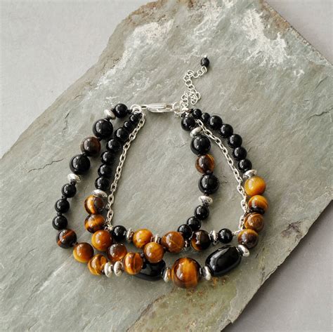 Mens Silver Tigers Eye Black Onyx Layer Bracelet By Xander Kostroma