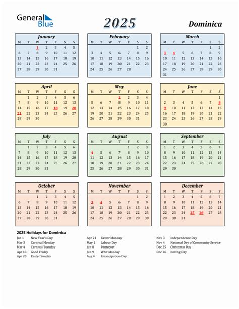 2025 Dominica Calendar with Holidays